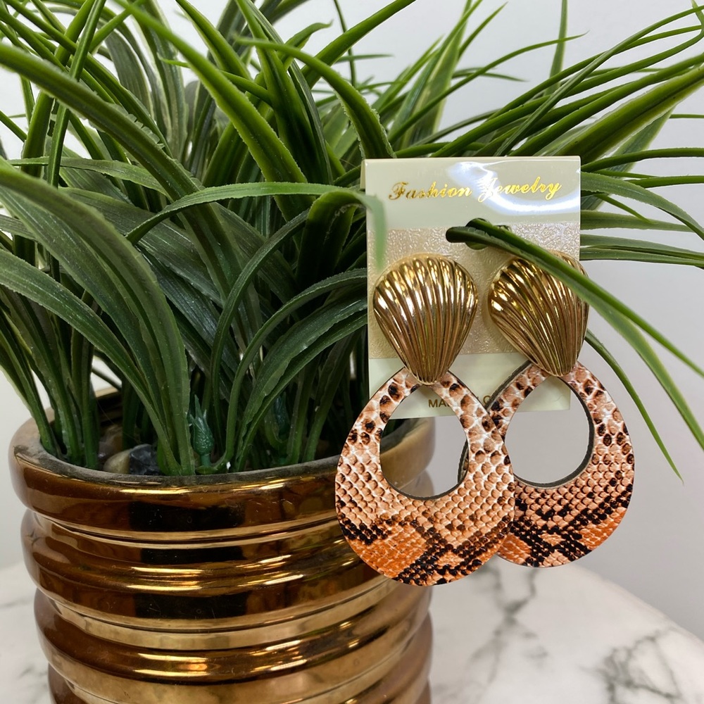 ‼️ Orange Gold Snake Print Drop Statement Earrings